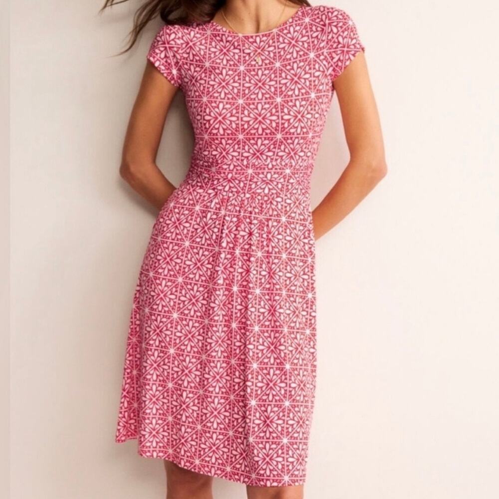 Boden Amelie Flame Scarlet Floral Mosaic Jersey Knit Print Dress Women's 8 Red